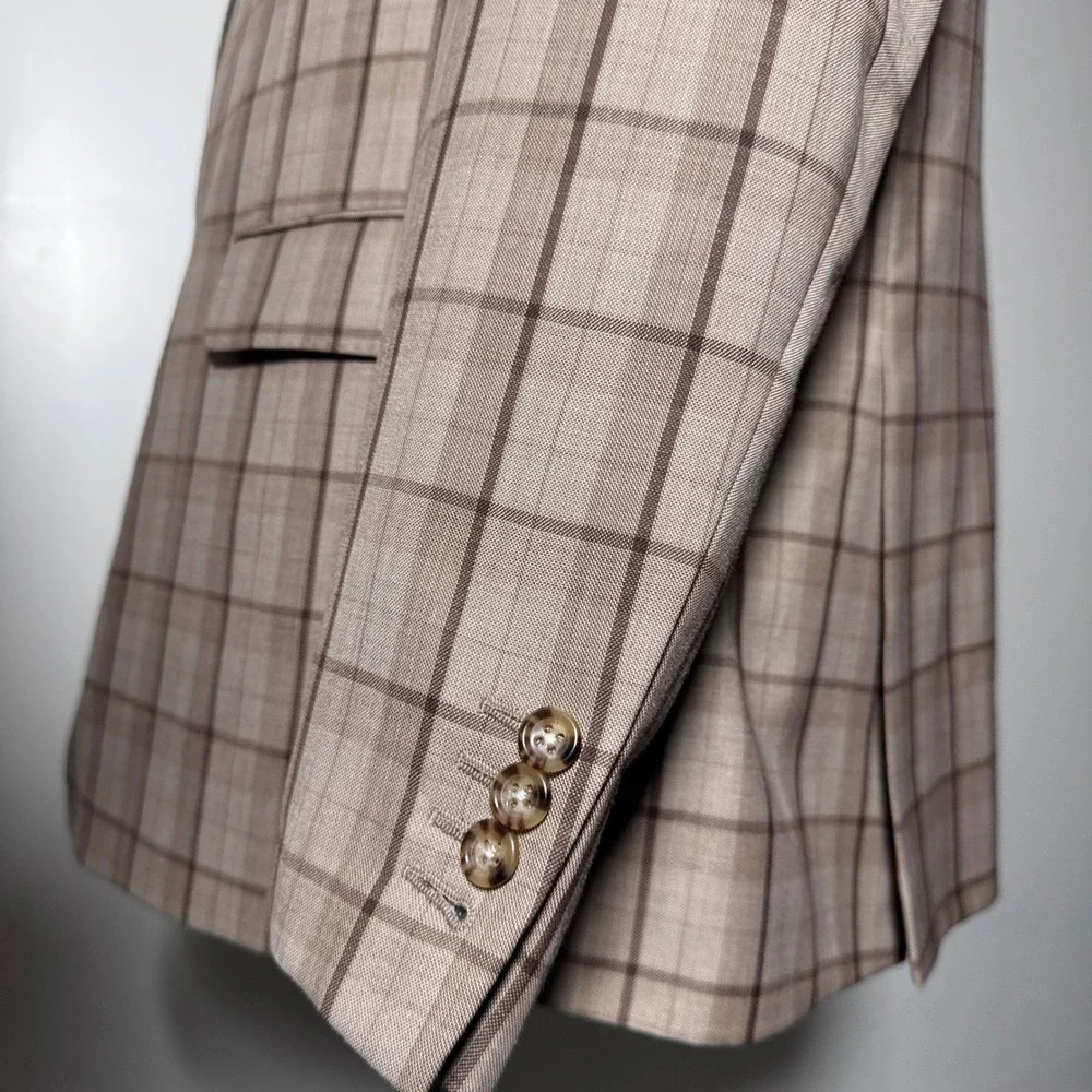 Custom Tailor Suit Mens 52XL 52L 46x34 Tan Plaid Windowpane‎ Two Button Double